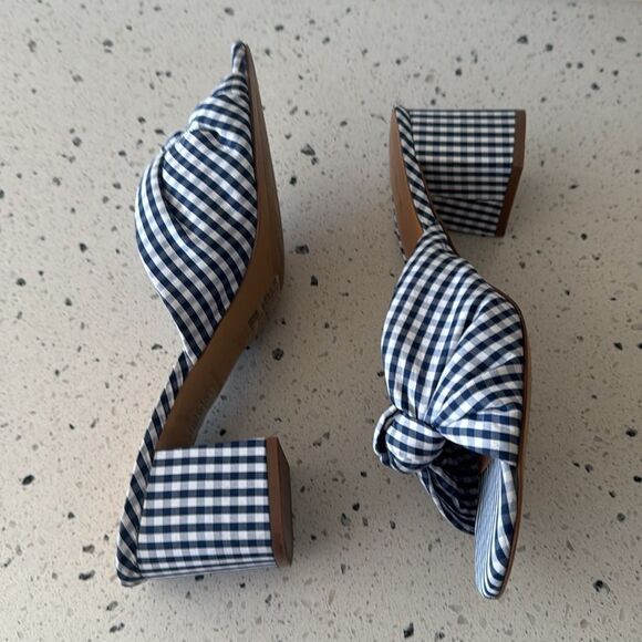 J. Crew Navy Gingham Knot Sandals Printed Mid Block Heel Women’s Size 10 EUC - Picture 4 of 14
